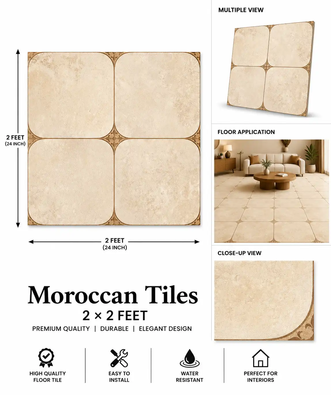 Moroccan Tiles 2x2 Feet Crema Heritage Collection - Image 2