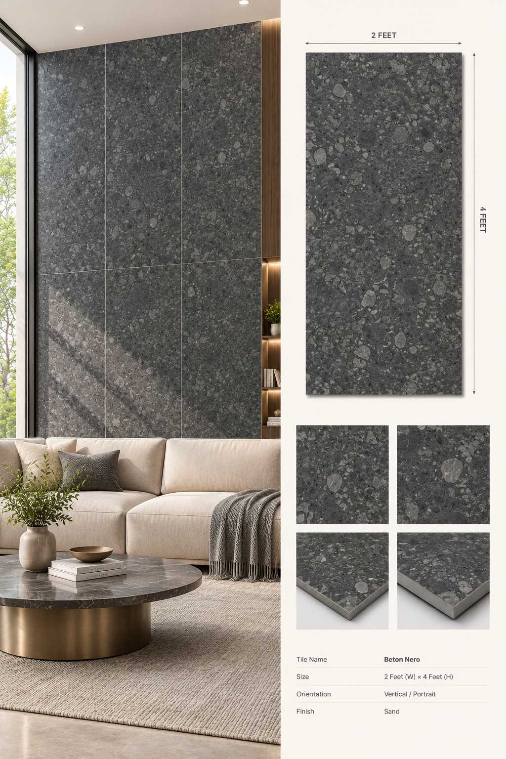 2×4 Feet Floor Tiles – Beton Nero | Sand Finish
