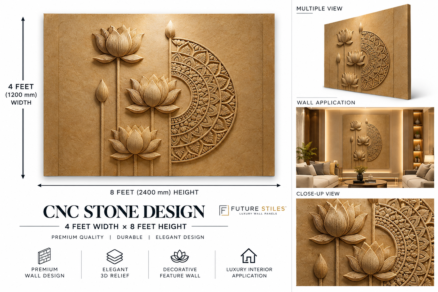 Premium Lotus 3D Carved Stone Wall Panel