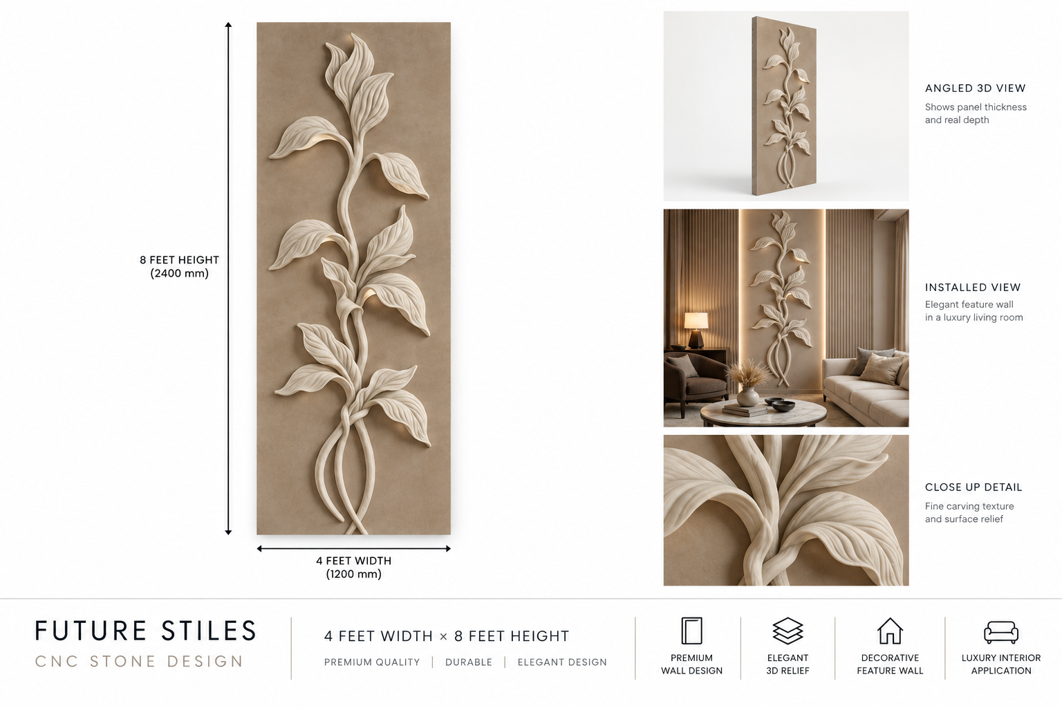 Premium Botanical 3D Carved Stone Wall Panel