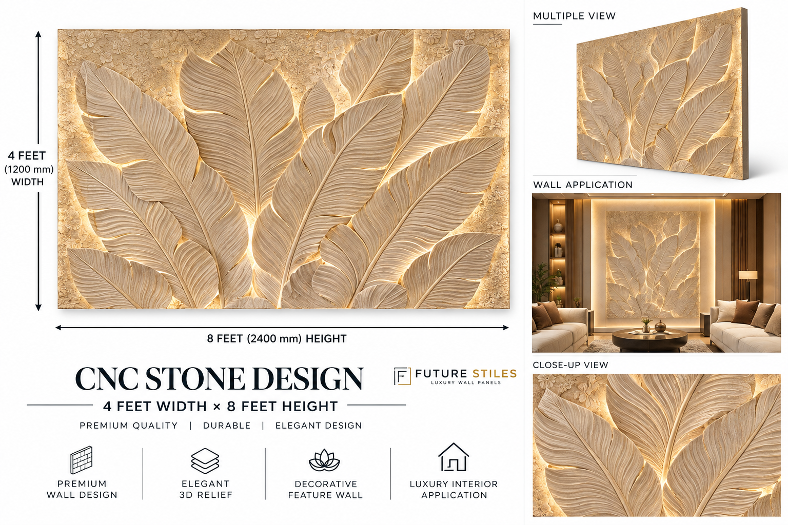 Premium Leaf 3D Carved Stone Wall Panel